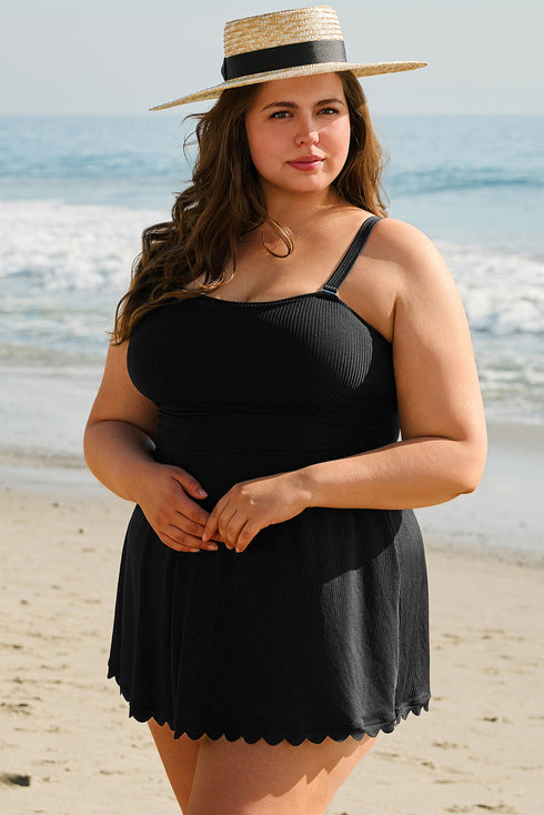 Ribbed Textured Scalloped Trim Swim Dress Swimwear