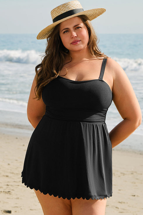 Ribbed Textured Scalloped Trim Swim Dress Swimwear