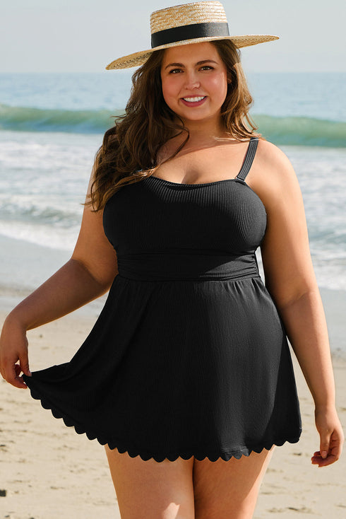 Ribbed Textured Scalloped Trim Swim Dress Swimwear
