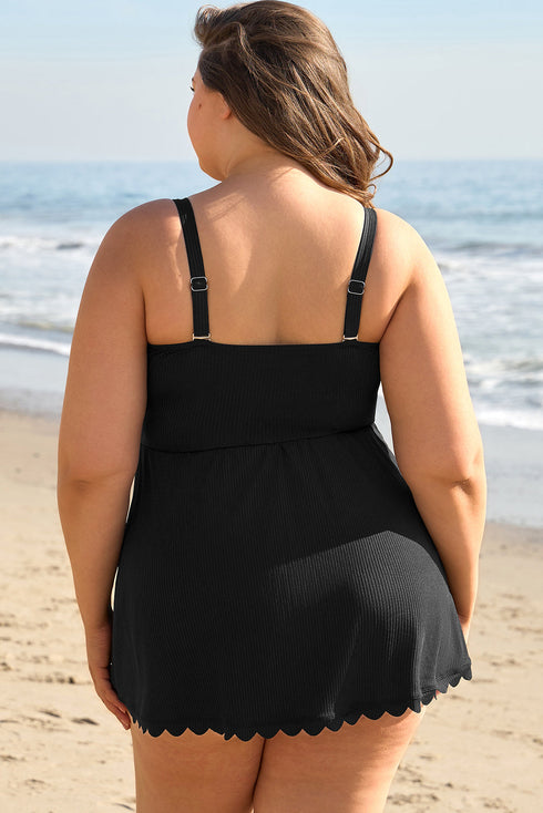 Ribbed Textured Scalloped Trim Swim Dress Swimwear