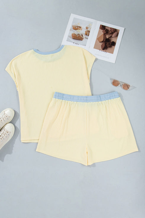 Ribbed Trim Drawstring Shorts Loungewear Set