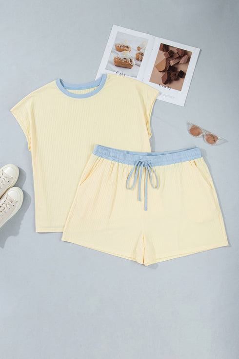 Ribbed Trim Drawstring Shorts Loungewear Set