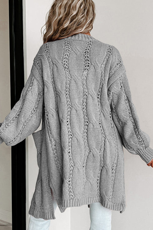 Ribbed Trim Eyelet Cable Knit Cardigan