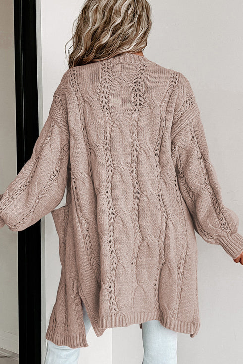 Ribbed Trim Eyelet Cable Knit Cardigan