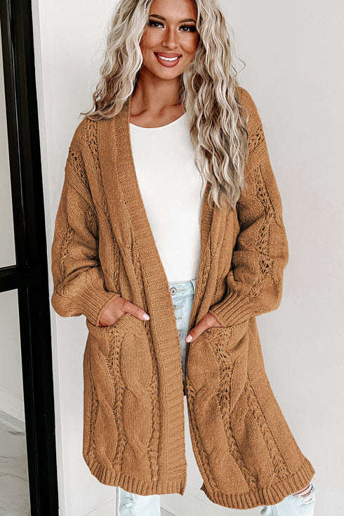 Ribbed Trim Eyelet Cable Knit Cardigan