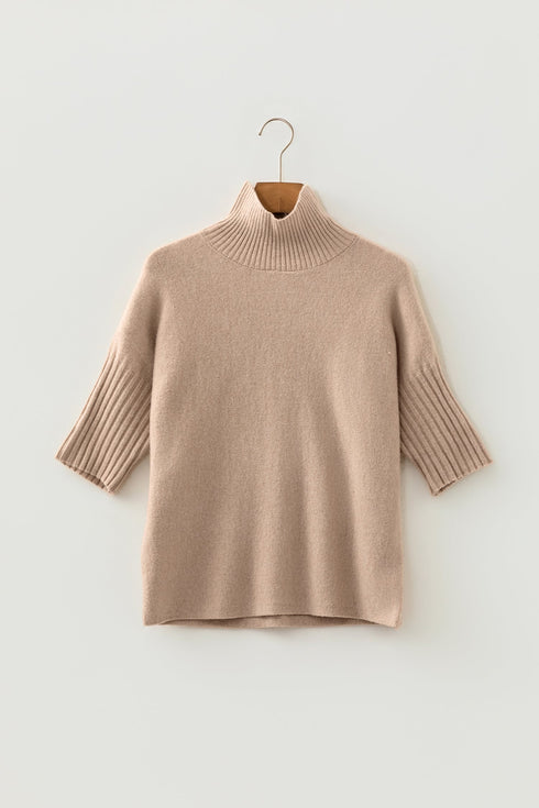 Ribbed Trim High Neck Short Sleeve Casual Knit Sweater