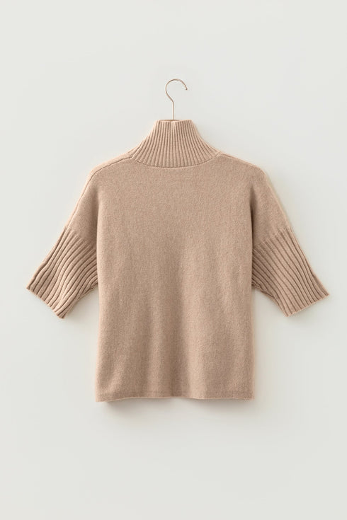 Ribbed Trim High Neck Short Sleeve Casual Knit Sweater