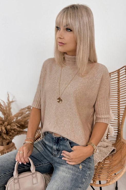 Ribbed Trim High Neck Short Sleeve Casual Knit Sweater