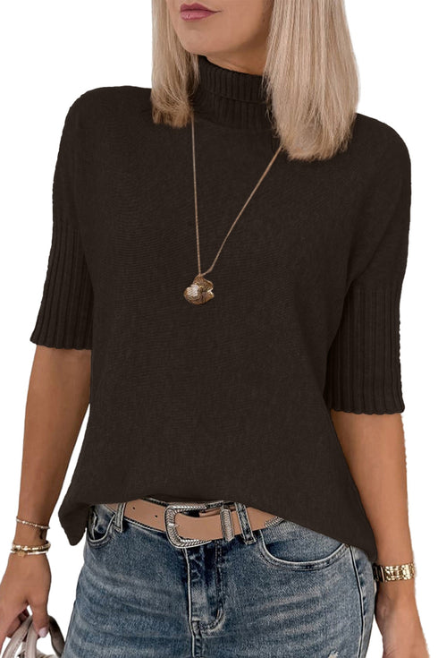 Ribbed Trim High Neck Short Sleeve Sweater