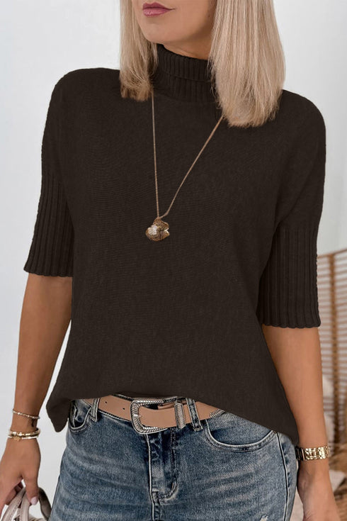 Ribbed Trim High Neck Short Sleeve Sweater