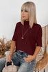Ribbed Trim High Neck Short Sleeve Sweater