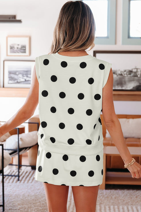 Ribbed Trim Polka Dot Tank Skort Two Piece Dress