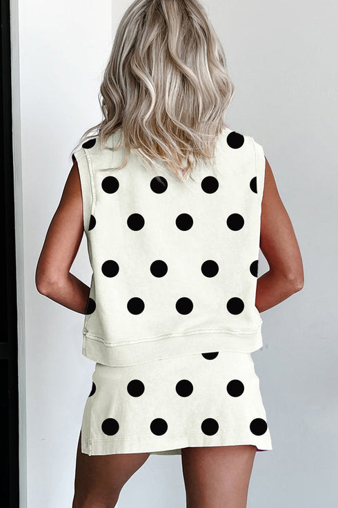 Ribbed Trim Polka Dot Tank Skort Two Piece Dress