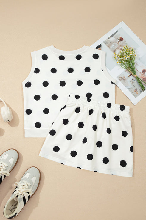 Ribbed Trim Polka Dot Tank Skort Two Piece Dress