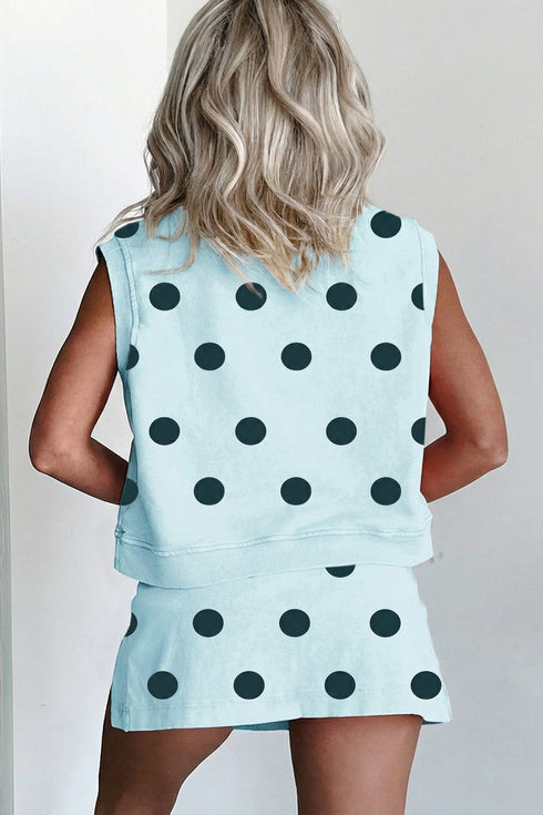 Ribbed Trim Polka Dot Tank Skort Two Piece Dress