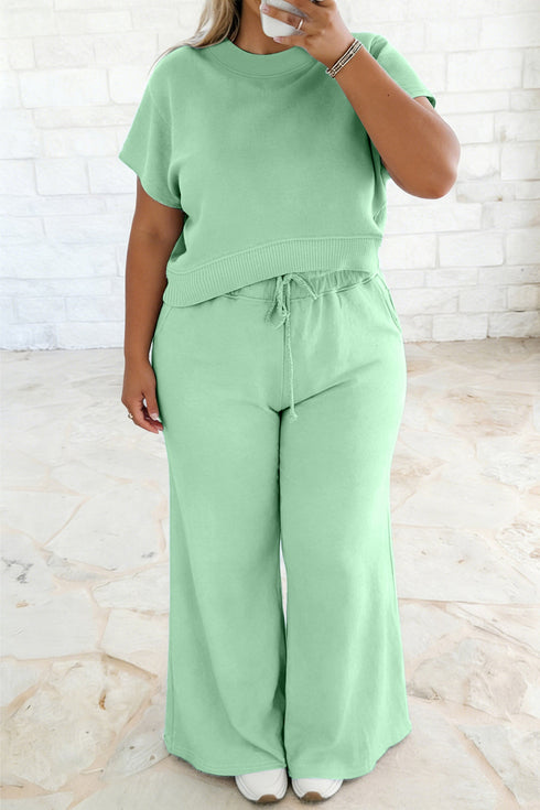 Ribbed Trim Short Sleeve Drawstring Pants Loungewear Set