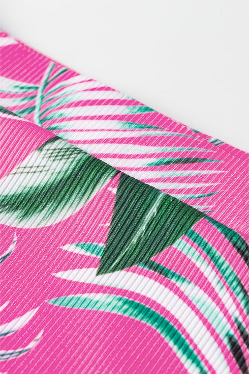Ribbed Tropical Leaf Print High Waisted Bikini Set