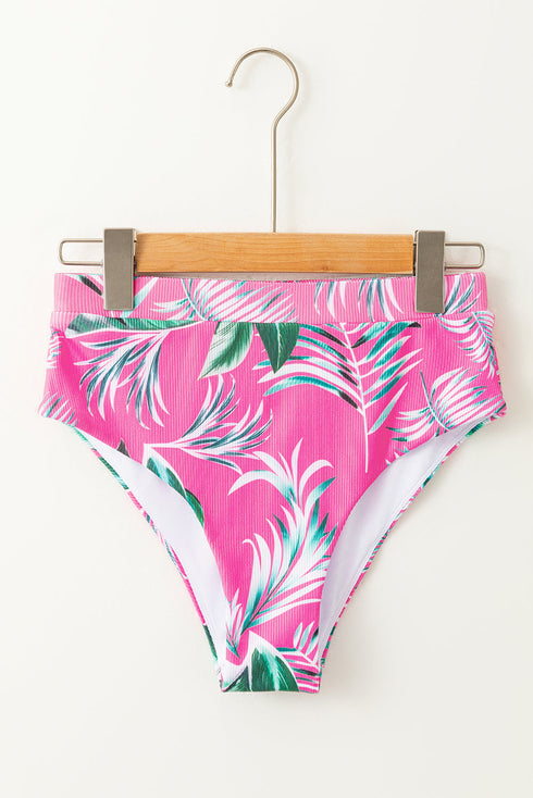Ribbed Tropical Leaf Print High Waisted Bikini Set