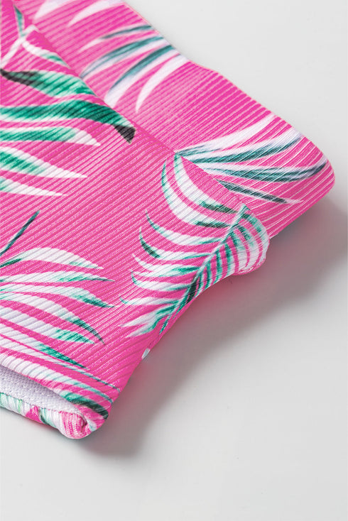 Ribbed Tropical Leaf Print High Waisted Bikini Set