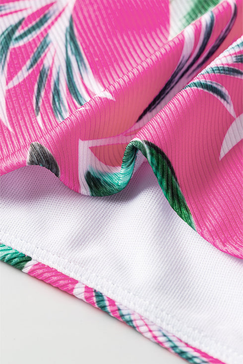 Ribbed Tropical Leaf Print High Waisted Bikini Set