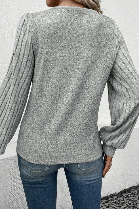 Ribbed V Neck Button Front Puff Sleeve Slim Top
