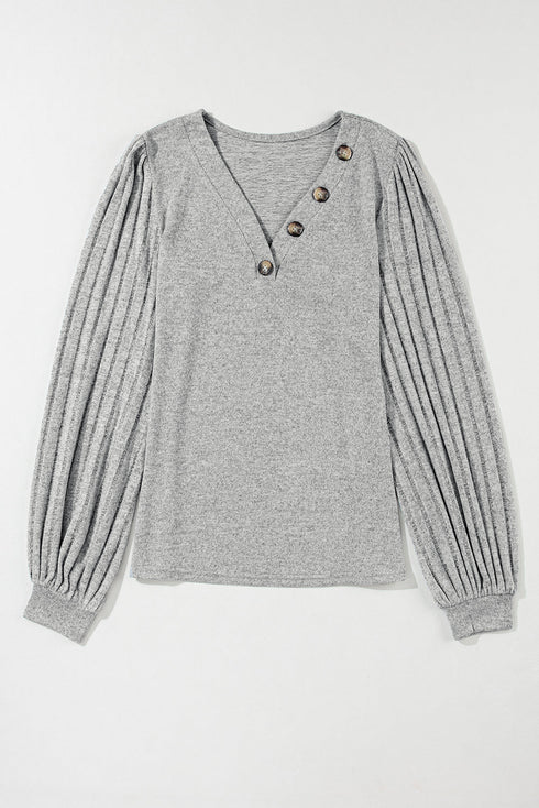Ribbed V Neck Button Front Puff Sleeve Slim Top
