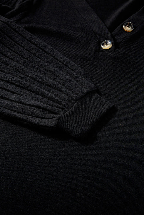 Ribbed V Neck Button Front Puff Sleeve Slim Top