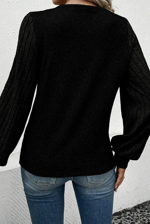 Ribbed V Neck Button Front Puff Sleeve Slim Top