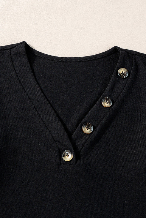 Ribbed V Neck Button Front Puff Sleeve Slim Top