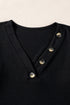 Ribbed V Neck Button Front Puff Sleeve Slim Top