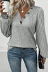 Ribbed V Neck Button Front Puff Sleeve Slim Top