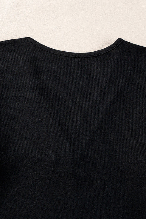 Ribbed V Neck Button Front Puff Sleeve Slim Top