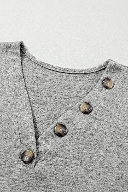 Ribbed V Neck Button Front Puff Sleeve Slim Top