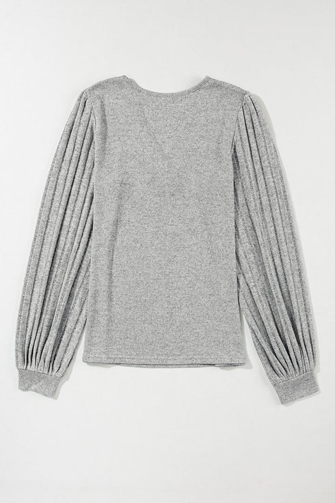 Ribbed V Neck Button Front Puff Sleeve Slim Top