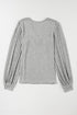 Ribbed V Neck Button Front Puff Sleeve Slim Top