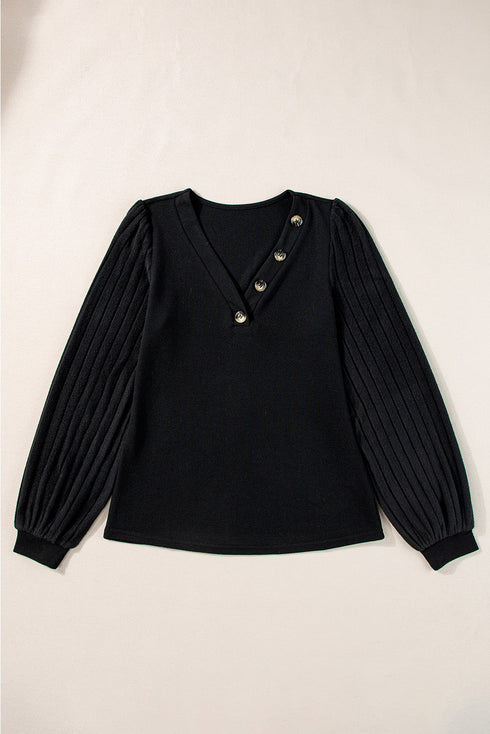 Ribbed V Neck Button Front Puff Sleeve Slim Top