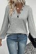 Ribbed V Neck Button Front Puff Sleeve Slim Top