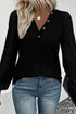 Ribbed V Neck Button Front Puff Sleeve Slim Top