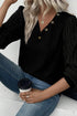 Ribbed V Neck Button Front Puff Sleeve Slim Top
