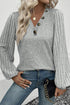 Ribbed V Neck Button Front Puff Sleeve Slim Top