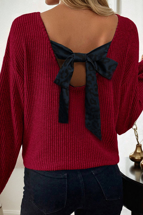 Ribbed V Neck Drop Shoulder Bow Back Long Sleeve Top