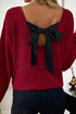 Ribbed V Neck Drop Shoulder Bow Back Long Sleeve Top