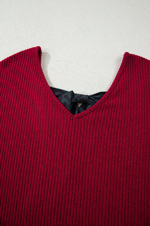 Ribbed V Neck Drop Shoulder Bow Back Long Sleeve Top