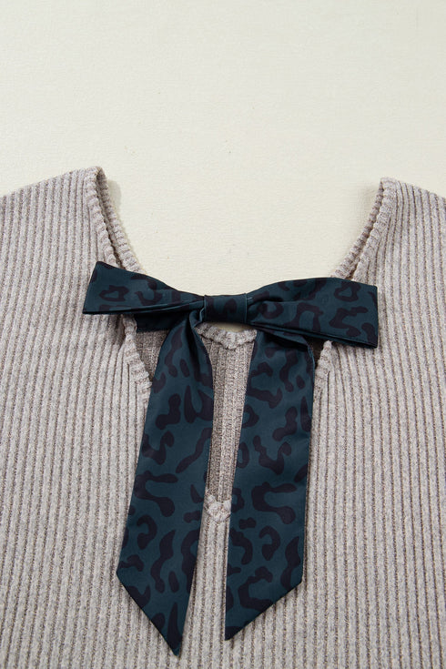 Ribbed V Neck Drop Shoulder Bow Back Long Sleeve Top