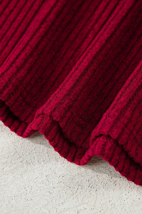 Ribbed V Neck Drop Shoulder Bow Back Long Sleeve Top