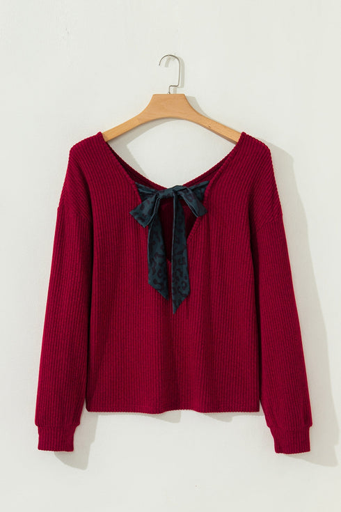 Ribbed V Neck Drop Shoulder Bow Back Long Sleeve Top