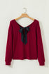 Ribbed V Neck Drop Shoulder Bow Back Long Sleeve Top