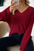 Ribbed V Neck Drop Shoulder Bow Back Long Sleeve Top