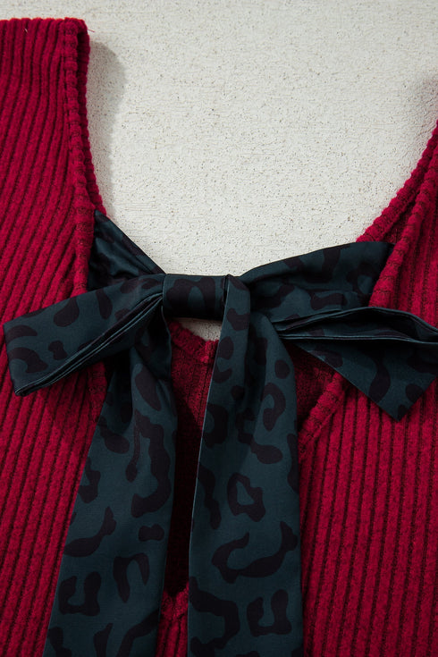 Ribbed V Neck Drop Shoulder Bow Back Long Sleeve Top