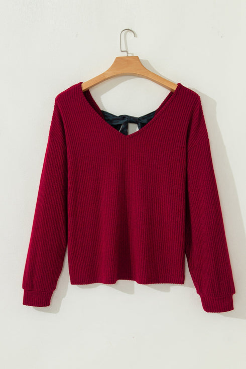 Ribbed V Neck Drop Shoulder Bow Back Long Sleeve Top